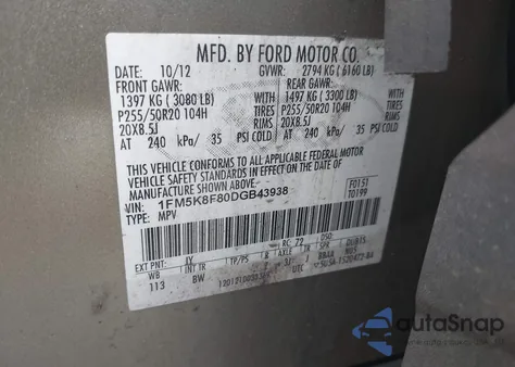 2013 Ford Explorer Limited z USA, uszkodzony, nr VIN 1FM5K8F80DGB43938